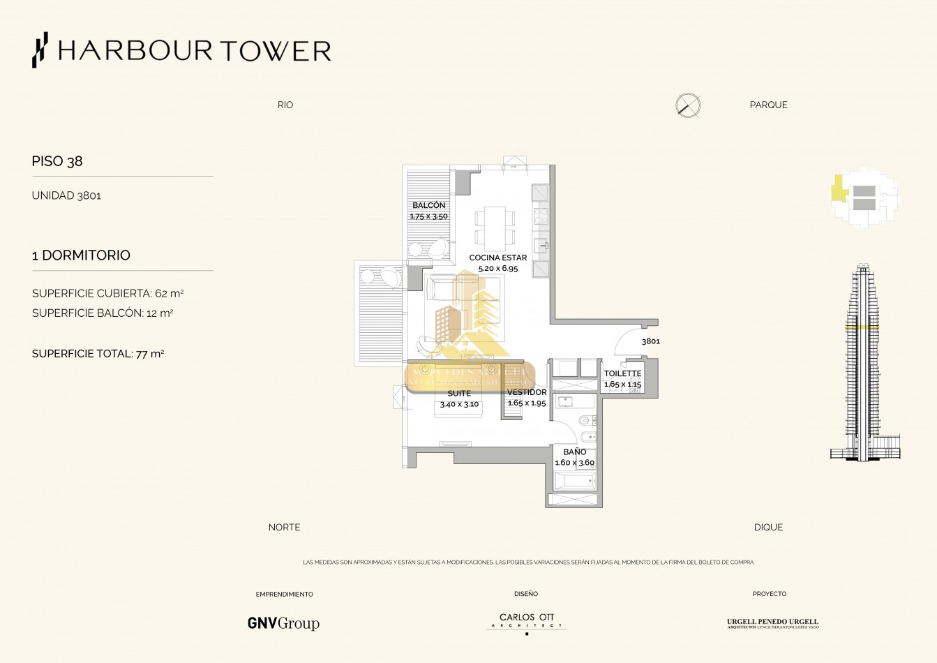 2 ambientes en piso 38 - Torre Harbour, Puerto Madero Vista al parque y al Rio | 75 m2 totales Doble Balcon
