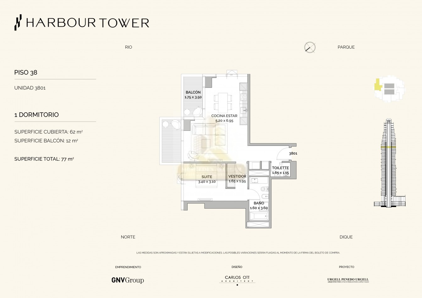 2 ambientes en piso 38 - Torre Harbour, Puerto Madero Vista al parque y al Rio | 75 m2 totales Doble Balcon