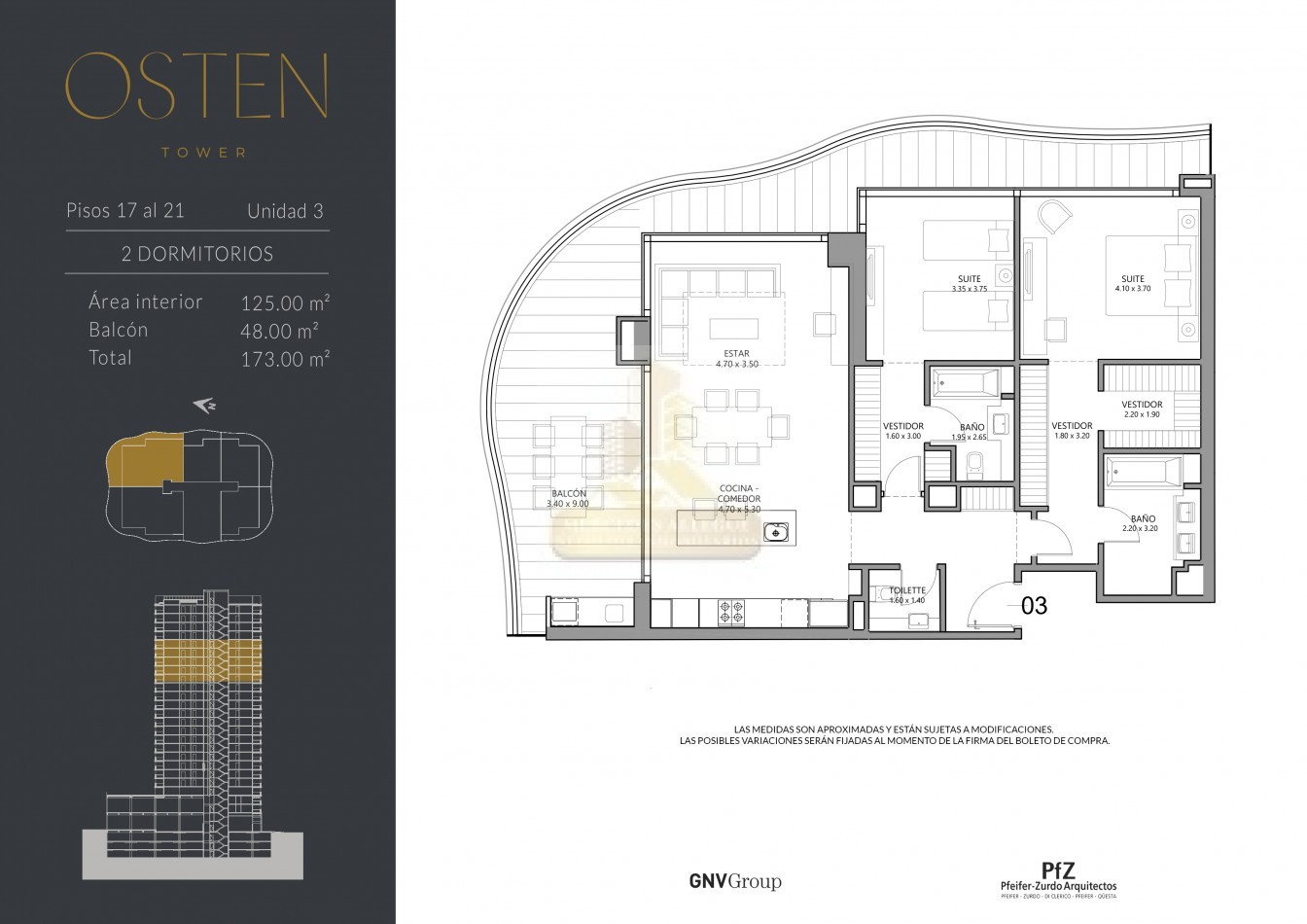 3 Ambientes | 173 m² Totales | USD 980.000. Torre Osten 1 — Unidad Premium en Piso 22